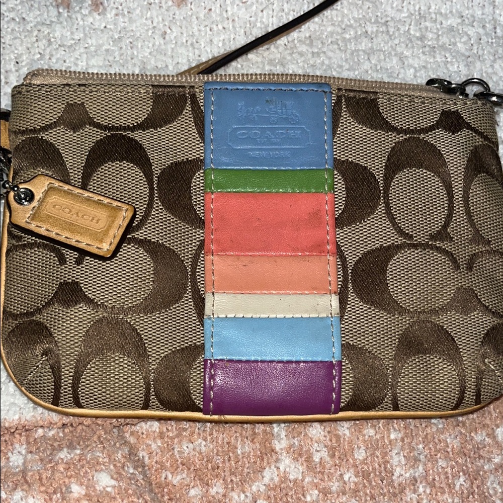 Coach Brown Wristlet with Colorful Stripes